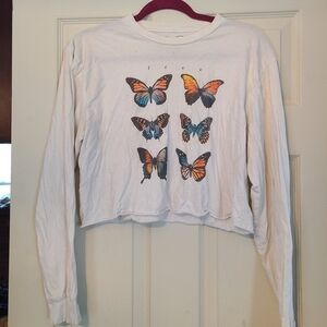 White Long Sleeve Butterfly Crop Top